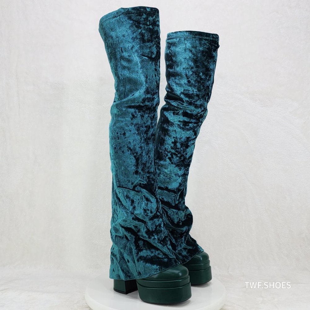 Good Will Unique Thigh High Emerald Velvet Fold over Chunky Heel Platform Boots - Picture 8 of 15